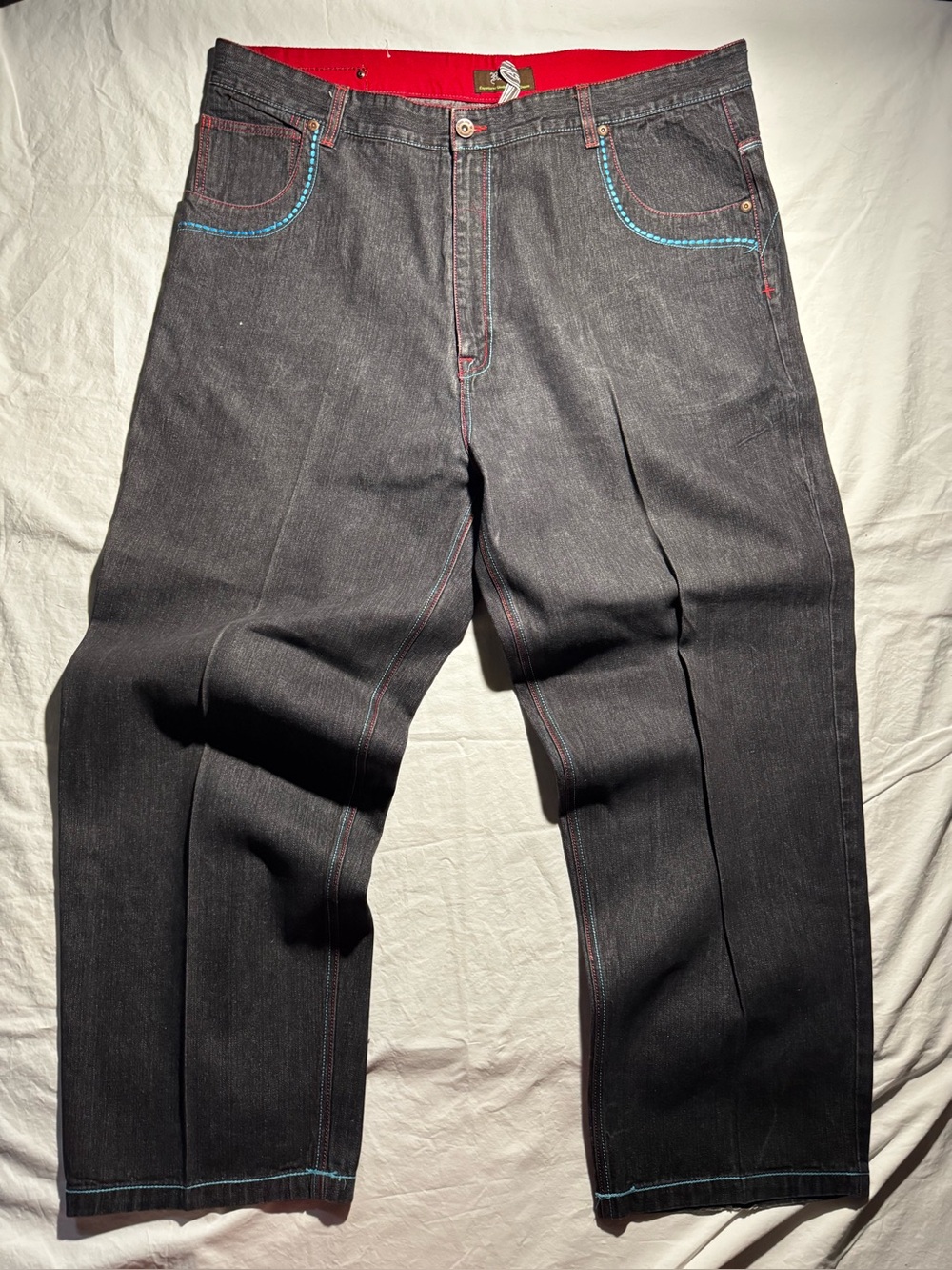 Russo Jeans Mens 44 x 30 Vintage Black Denim Y2K Red & Blue Contrast Stitching